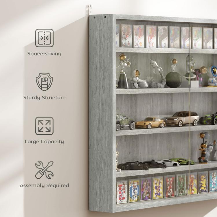 Gray wall-mounted display cabinet with glass door, shown with space-saving and sturdy features.