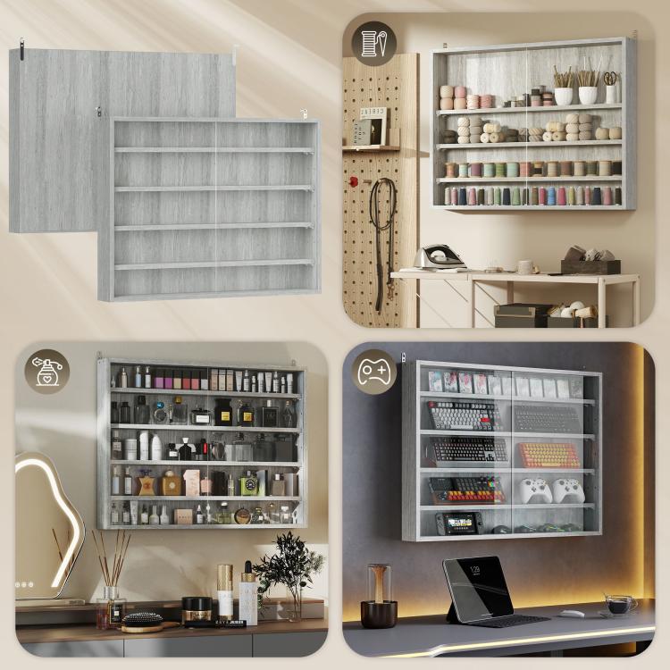 Gray display cabinet shown in multiple settings with shelves holding small bottles and decor.