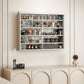 Gray wall display cabinet with glass doors and five shelves, filled with figurines and models.
