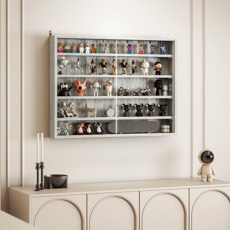 Gray wall display cabinet with glass doors and five shelves, filled with figurines and models.