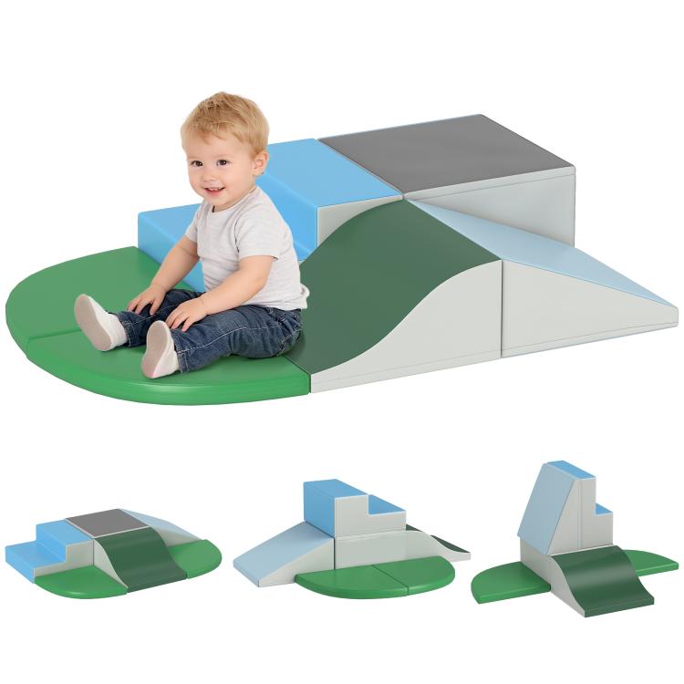 Foam climbing play set with blue, green, and gray blocks and curved ramp
