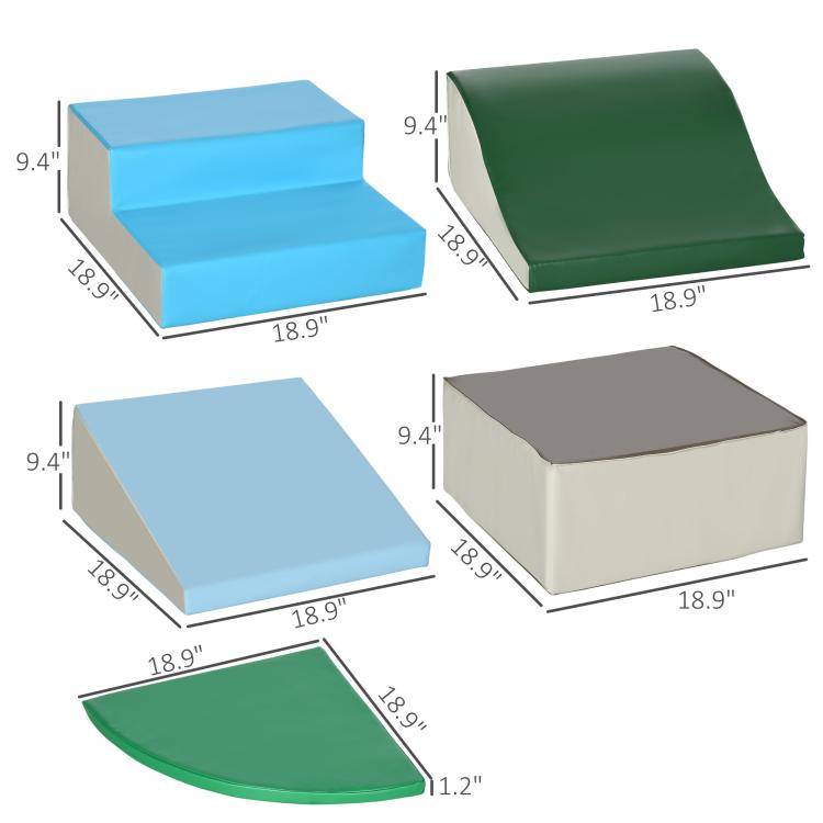 Set of foam climbing block pieces in blue, green, and gray with size labels