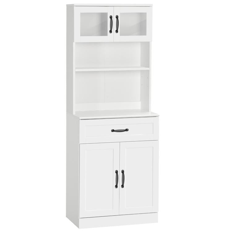 White freestanding pantry cabinet with hutch shelves, drawer, and two lower doors