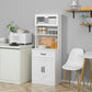 White pantry cabinet with open shelves, center drawer, and lower double cabinet doors.