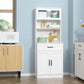 White coffee-bar pantry cabinet with open shelves, center drawer, and lower double doors.