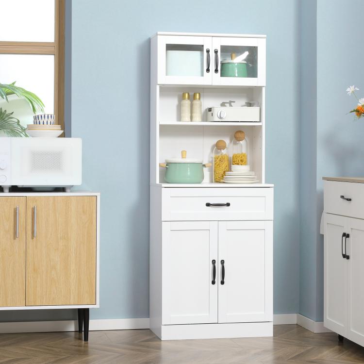 White coffee-bar pantry cabinet with open shelves, center drawer, and lower double doors.