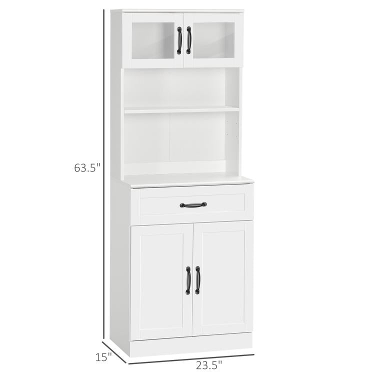 White freestanding pantry cabinet with hutch, top glass doors, center drawer, and double doors.