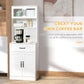 White freestanding cabinet with hutch shelves, center drawer, and lower double doors for coffee items.