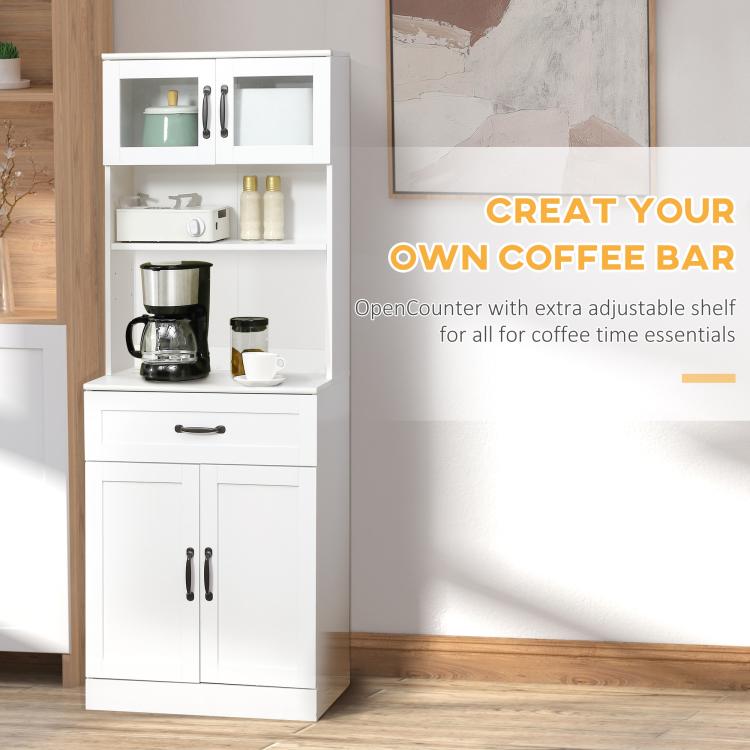 White freestanding cabinet with hutch shelves, center drawer, and lower double doors for coffee items.