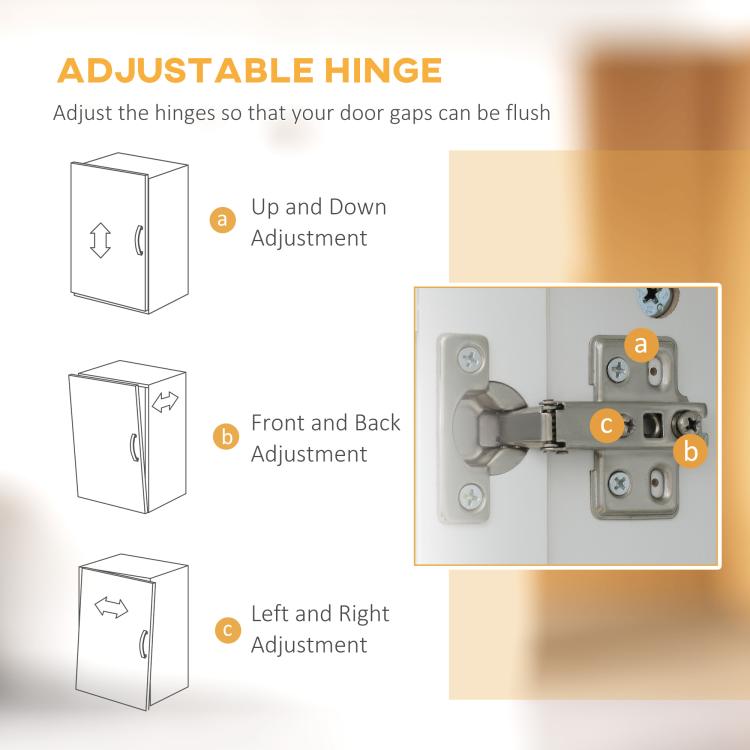 Adjustable cabinet door hinge hardware with multiple adjustment points shown.