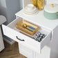 White cabinet drawer open with wooden organizer tray and utensils.