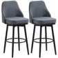 Set of 2 dark gray upholstered bar stools with curved backs and round footrests