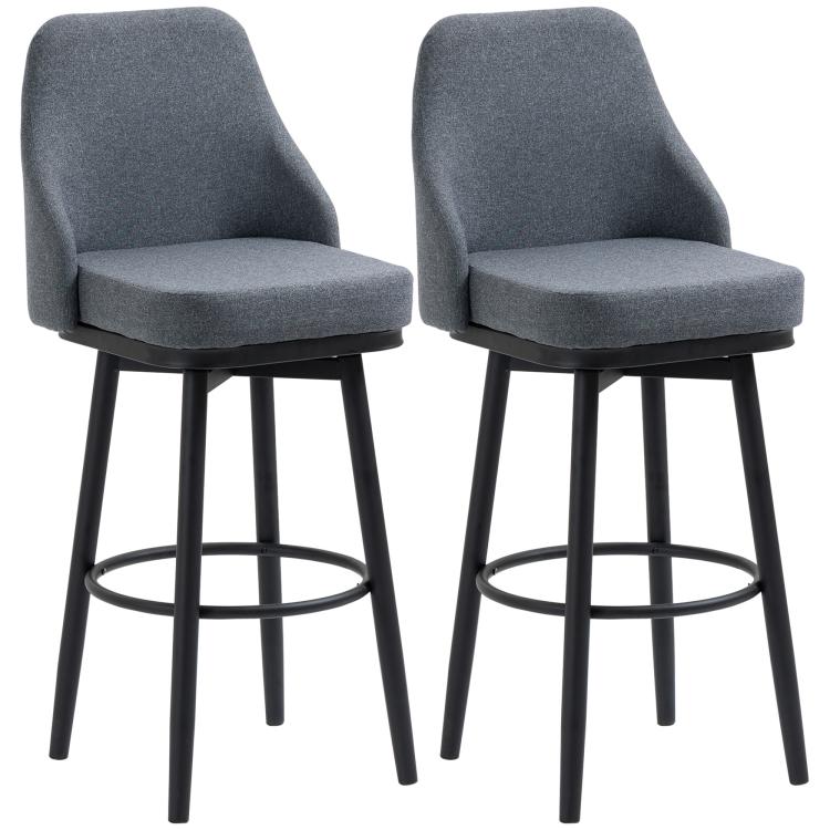 Set of 2 dark gray upholstered bar stools with curved backs and round footrests