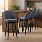 Set of 2 dark gray upholstered swivel bar stools with black legs and round footrest