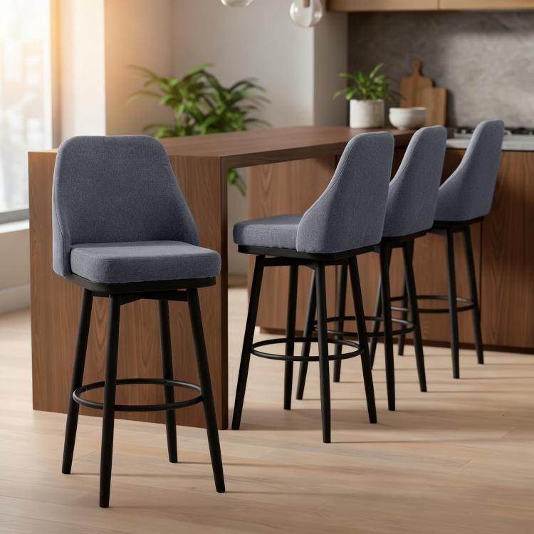 Set of 2 dark gray upholstered swivel bar stools with black legs and round footrest