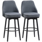 Set of 2 dark gray bar stools with curved seats, curved backs, and round footrests