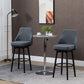 Dark gray upholstered bar stool set with round footrest and tapered black legs