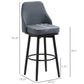 Dark gray upholstered bar stool with black frame, round footrest, and seat sizing