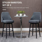 Set of 2 dark gray upholstered bar stools with swivel bases and round footrests