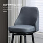 Dark gray upholstered swivel bar stool with curved back and padded seat cushion