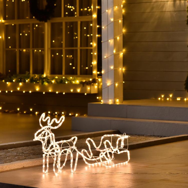 Warm white LED reindeer and sleigh decoration with glowing wire frame