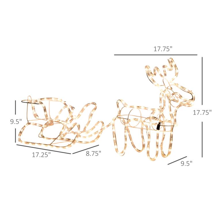 Warm white LED reindeer and sleigh decoration with size dimensions, 35 in