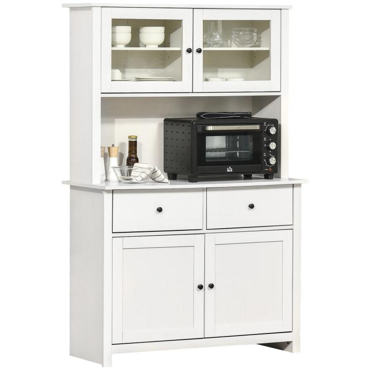 White kitchen buffet cabinet with hutch, framed glass doors, open microwave counter, drawers