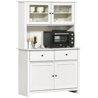 White kitchen buffet cabinet with hutch, framed glass doors, open microwave counter, drawers