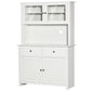 White kitchen buffet cabinet with hutch, framed doors, two drawers, and lower cabinet doors