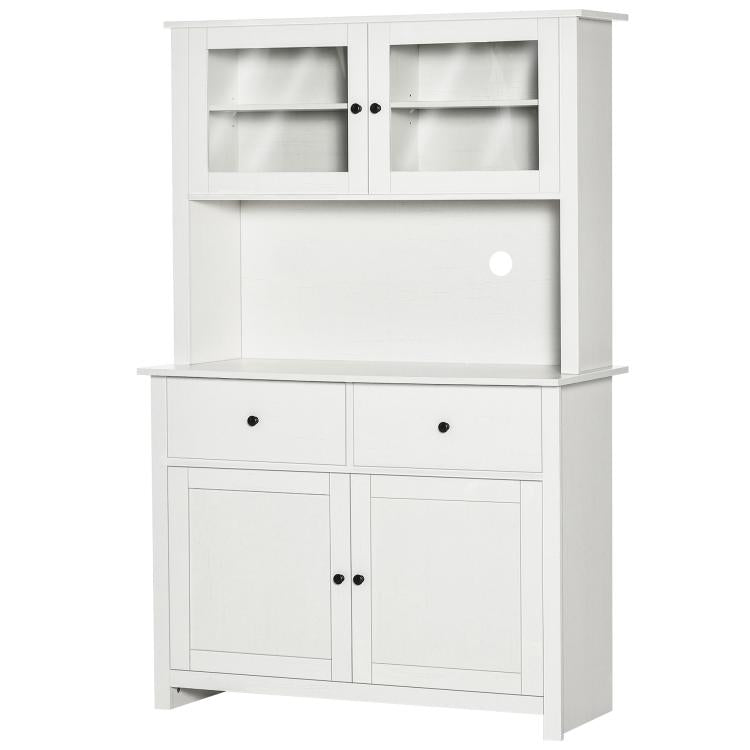 White kitchen buffet cabinet with hutch, framed doors, two drawers, and lower cabinet doors