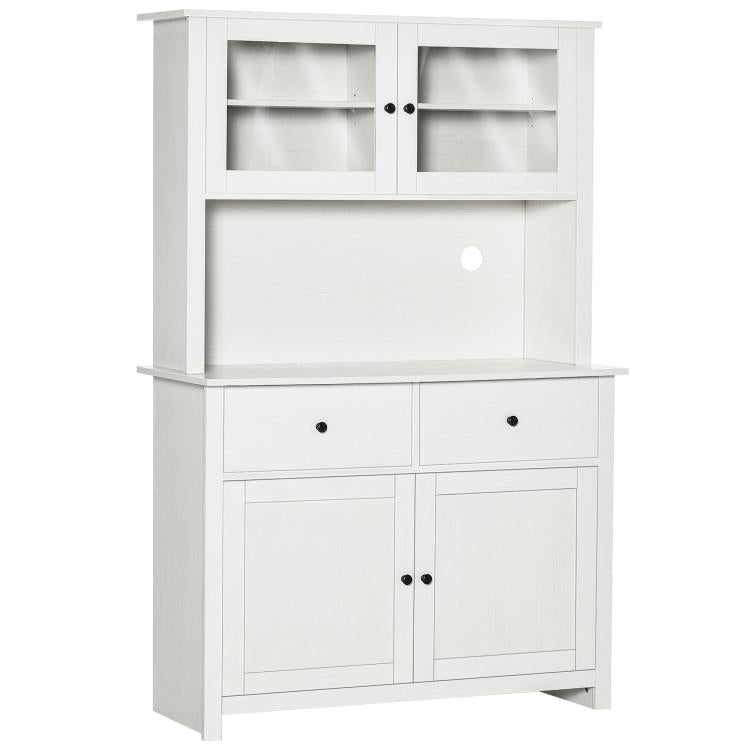 Antique white kitchen buffet with hutch, open shelves, glass doors, drawers and cabinets