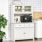 White buffet cabinet with hutch and open microwave shelf, framed glass doors, side drawers