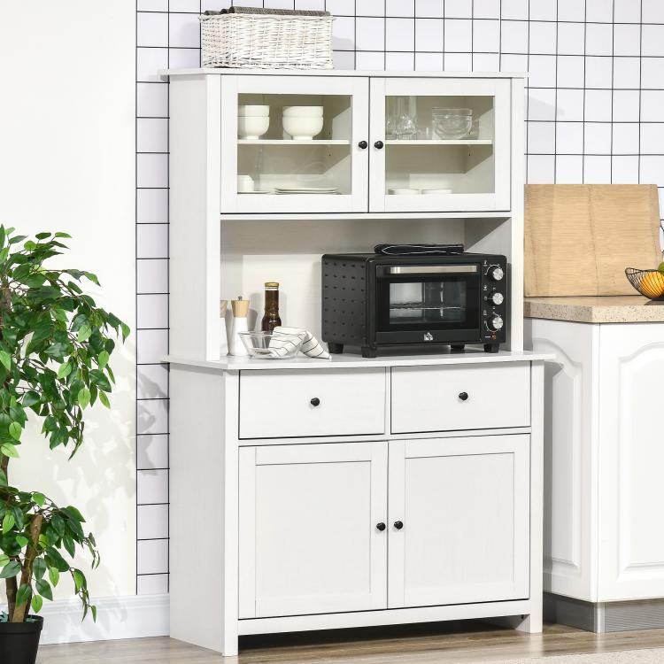 White buffet cabinet with hutch and open microwave shelf, framed glass doors, side drawers