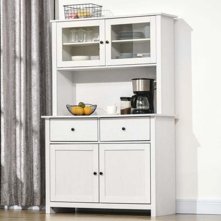 White kitchen buffet cabinet with hutch, framed glass doors, open counter for coffee appliances, drawers
