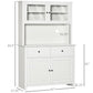 White kitchen buffet cabinet with hutch, 63.5-in tall, two drawers and two-door lower storage