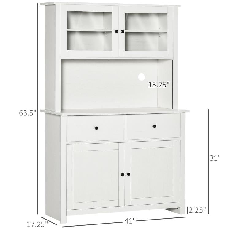 White kitchen buffet cabinet with hutch, 63.5-in tall, two drawers and two-door lower storage