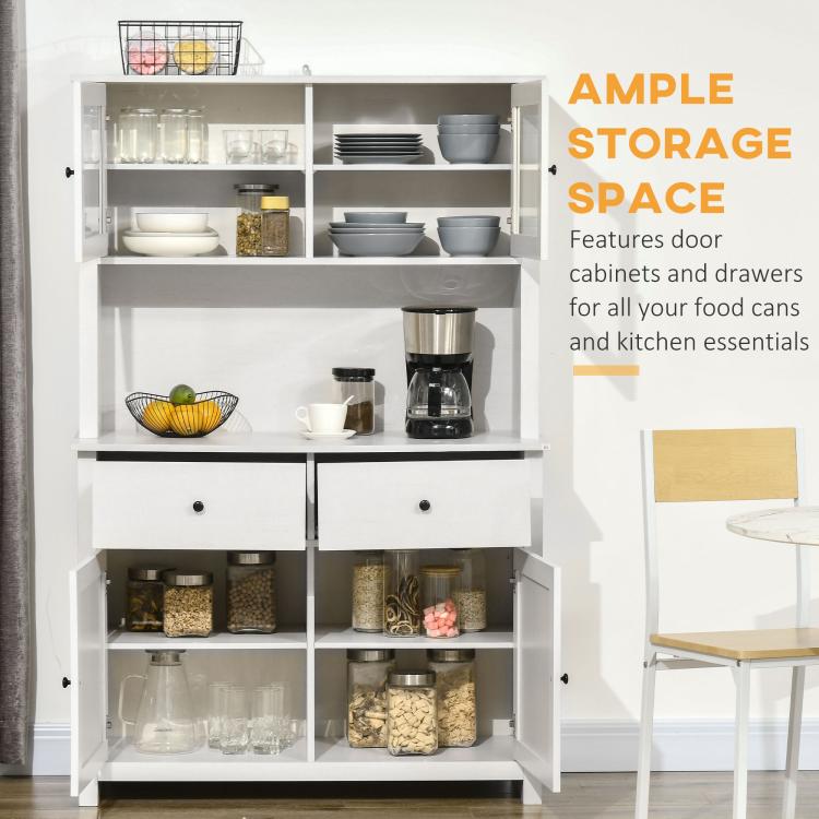 White buffet cabinet with hutch, interior shelves and drawers for organized kitchen storage