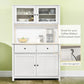 White buffet cabinet with hutch, open shelf space for coffee maker and microwave, drawers