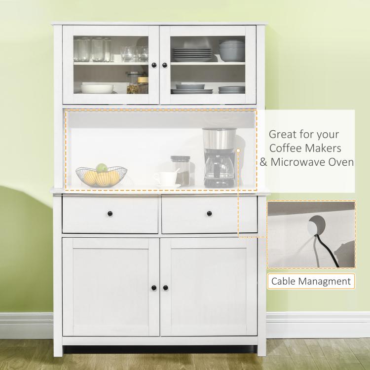 White buffet cabinet with hutch, open shelf space for coffee maker and microwave, drawers