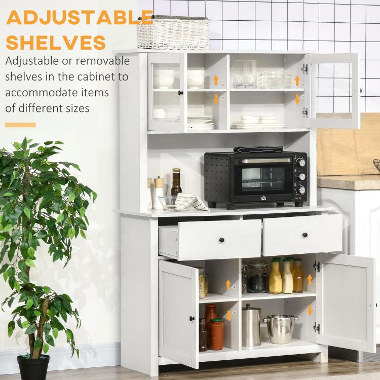 White buffet cabinet with hutch, adjustable interior shelves, open microwave counter, drawers