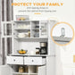 White buffet cabinet with hutch, open shelves and drawers; anti-tip strap mounts