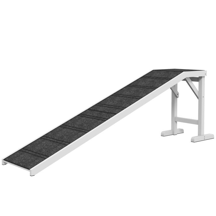 Foldable pet ramp with dark textured carpet walking surface and white step supports