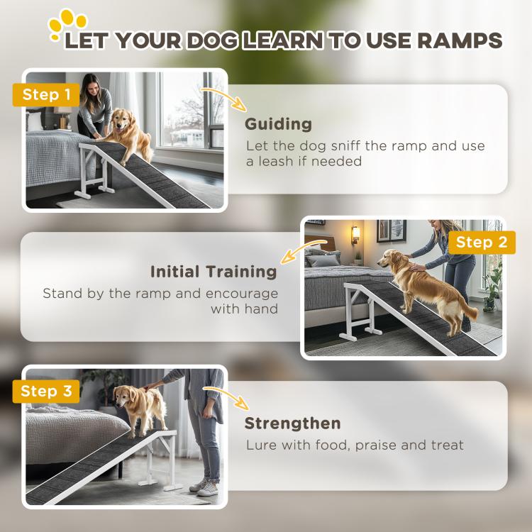 Foldable dog ramp demonstration scene with dark carpet top and white frame