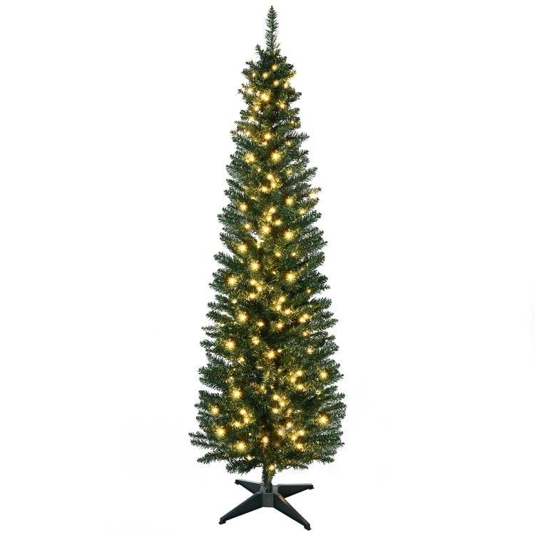 Artificial green pencil Christmas tree with warm white LED lights, standing on star base