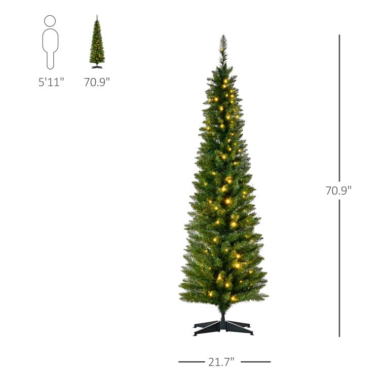 Slim artificial Christmas tree with warm white LED lights and black star-shaped stand.