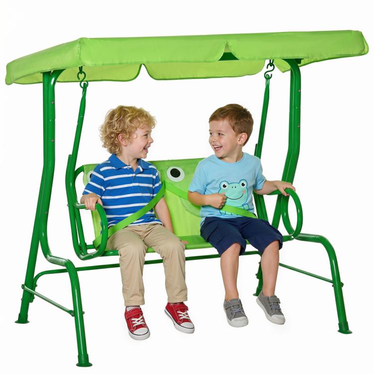 Kids patio swing with green canopy, two seats, and safety straps