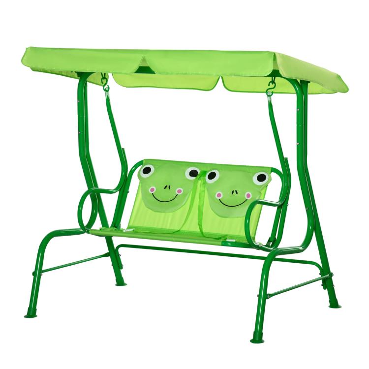 Green kids patio swing with adjustable canopy and frog-face seat cushions