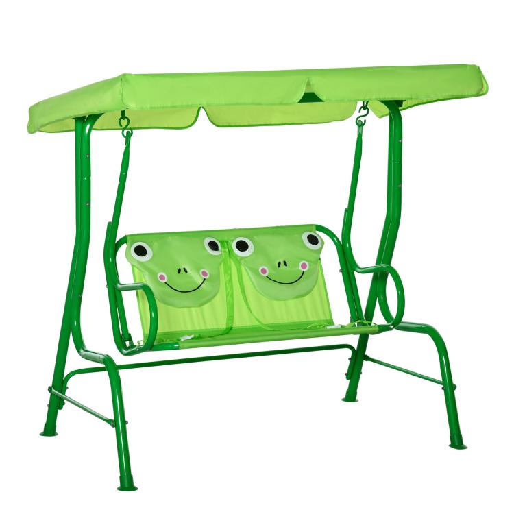 Two-seat kids swing glider with green frame, canopy, and seat belts
