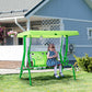 Kids patio swing with green canopy and two seat cushions outdoors