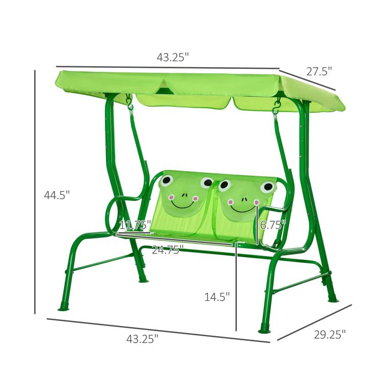 Green kids swing with canopy, shown with size measurements diagram
